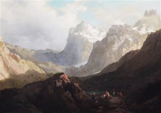 Arnold Jenny (Swiss, 1831-1881) Travellers in an alpine landscape 20 x 28in.